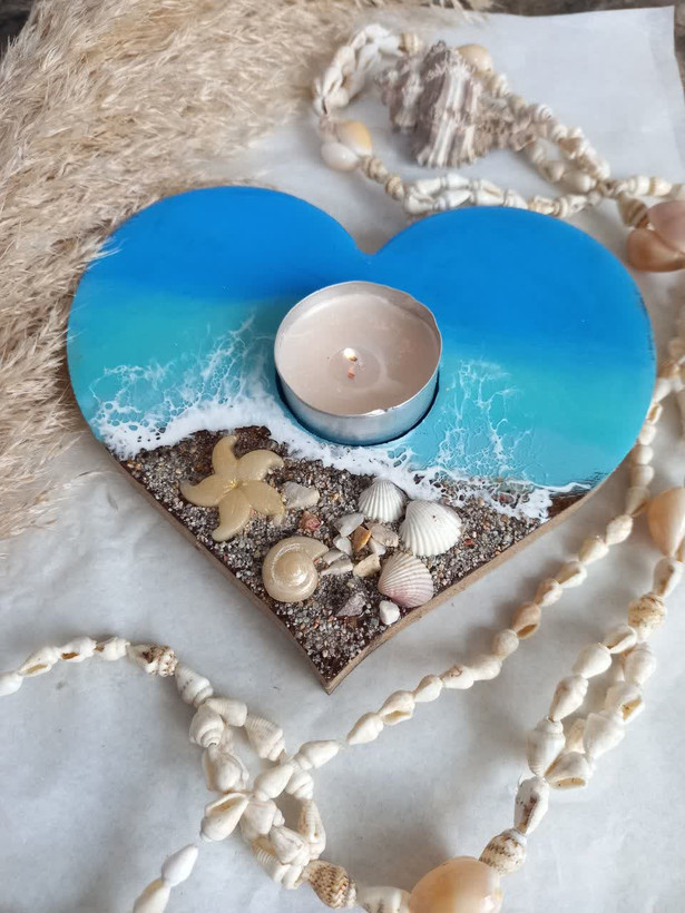 جا وارمری قلبی رزینی طرح دریا دستساز و فانتزی برای تزیین میز🌊❤️🕯️