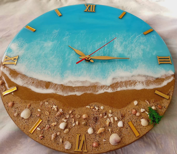 ساعت دیواری رزینی طرح دریا دستساز لوکس با موتور بیصدا🌊🕒✨️