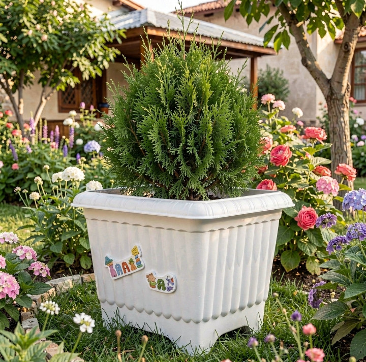 گلدان مربع پلاستیکی شیاردار سفید