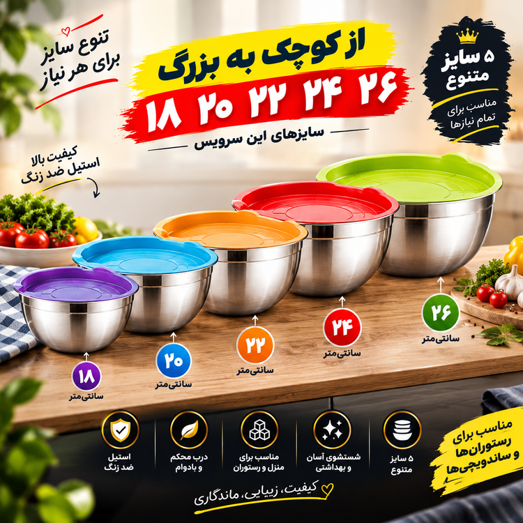 سرویس کاسه استیل درب دار رنگی پرطرفدار - نمای 2